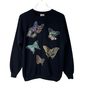 Vintage Hanes Butterfly Crewneck Sweatshirt Womens 90s Black Cottagecore Size XL